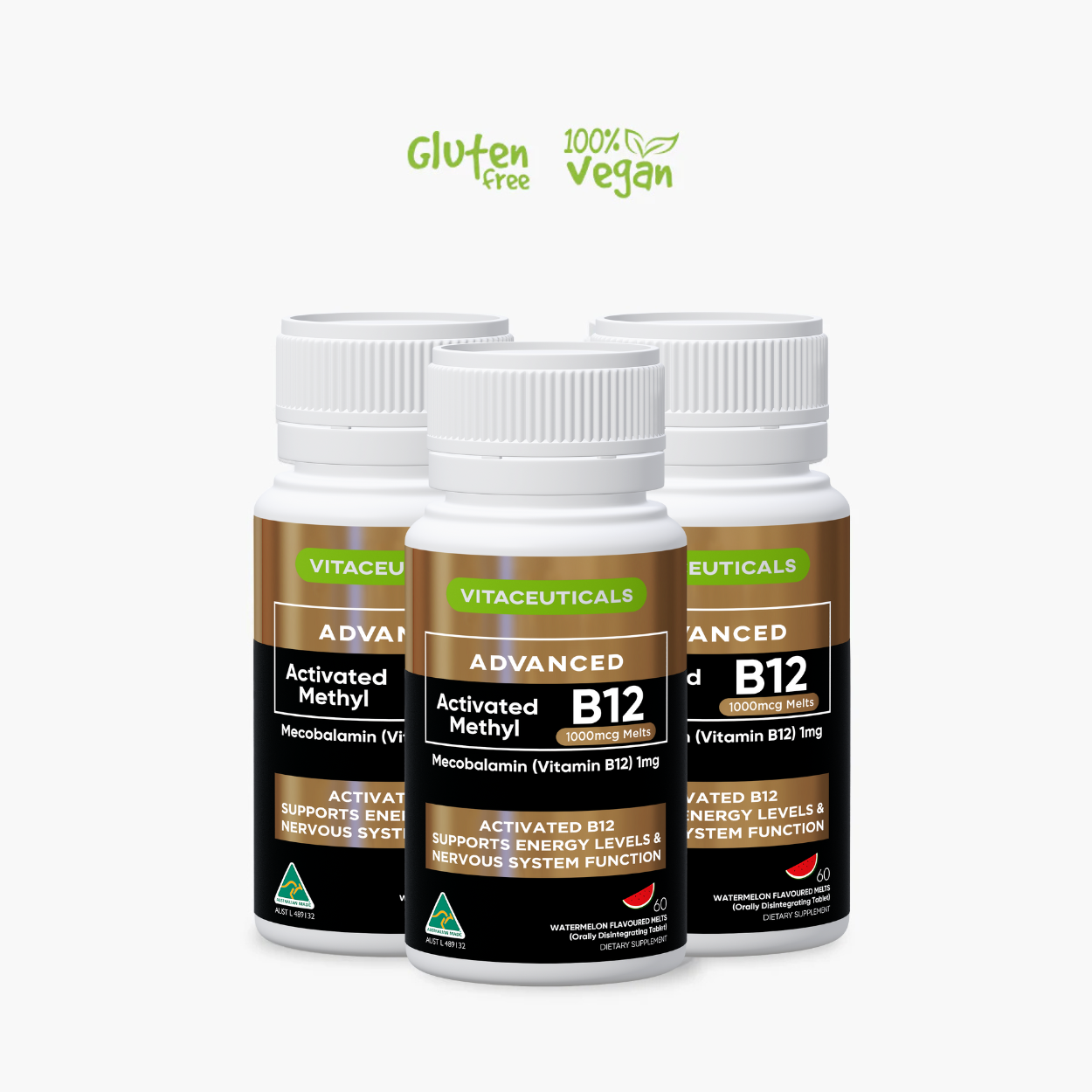 Three bottles of Vitaceuticals Advanced Activated Methyl B12 on a white background with green and black labels.