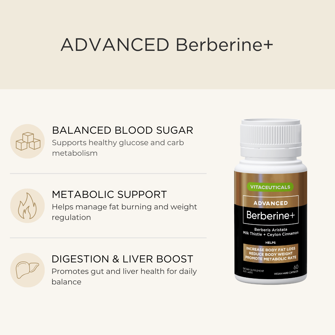 Vitacentials Advanced Berberine+ supplement bottle with benefits listed on a beige background