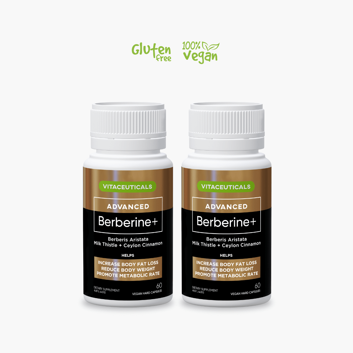 Two bottles of Vitaceuticals Advanced Berberine+ on a white background with green and black labels.