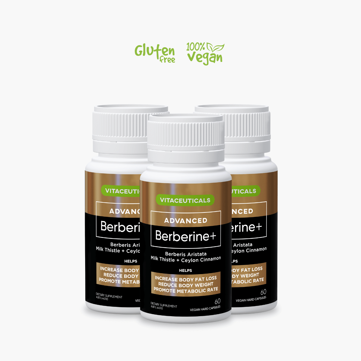 Three bottles of Vitaceuticals Advanced Berberine+ on a white background with green branding elements.