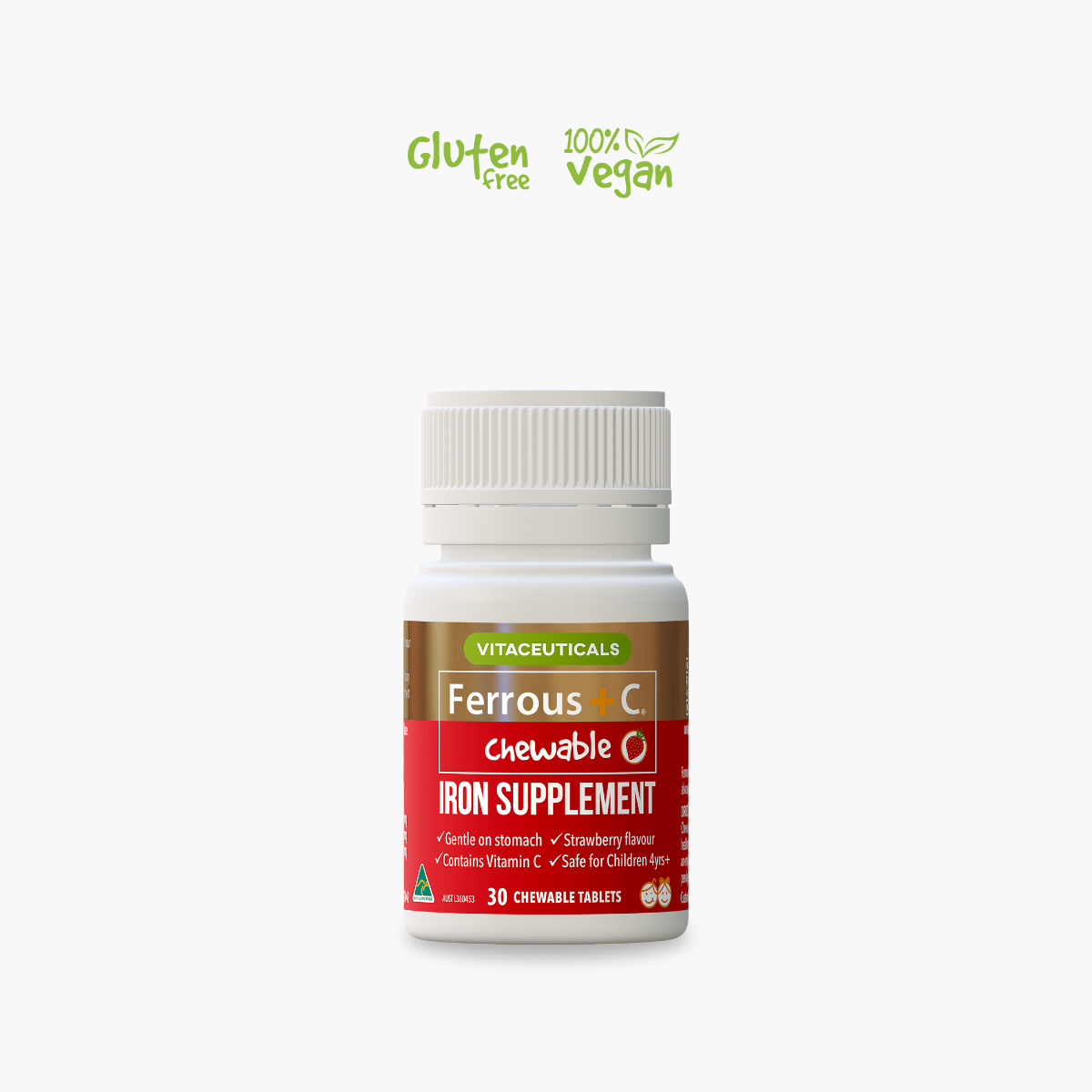 A bottle of Vitaceuticals Ferrous + C Iron Supplement, chewable tablets, with a label indicating it is gluten-free and vegan.