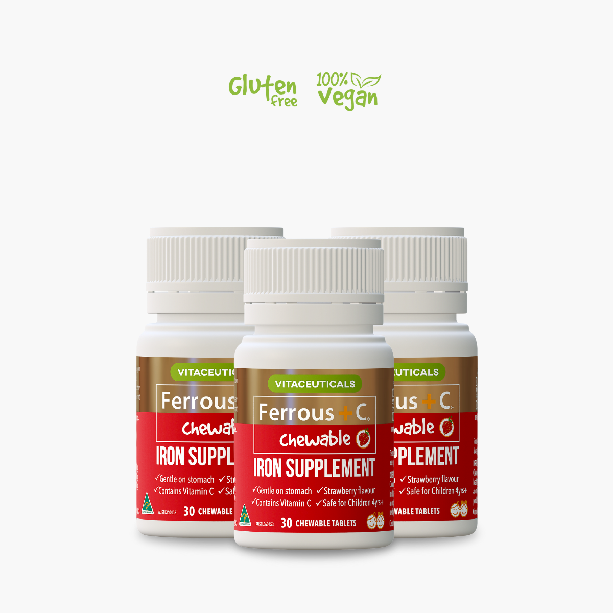 Three bottles of Vitaceuticals Ferrous + C Chewable Iron Supplement, with a gluten-free and vegan label, arranged side by side.