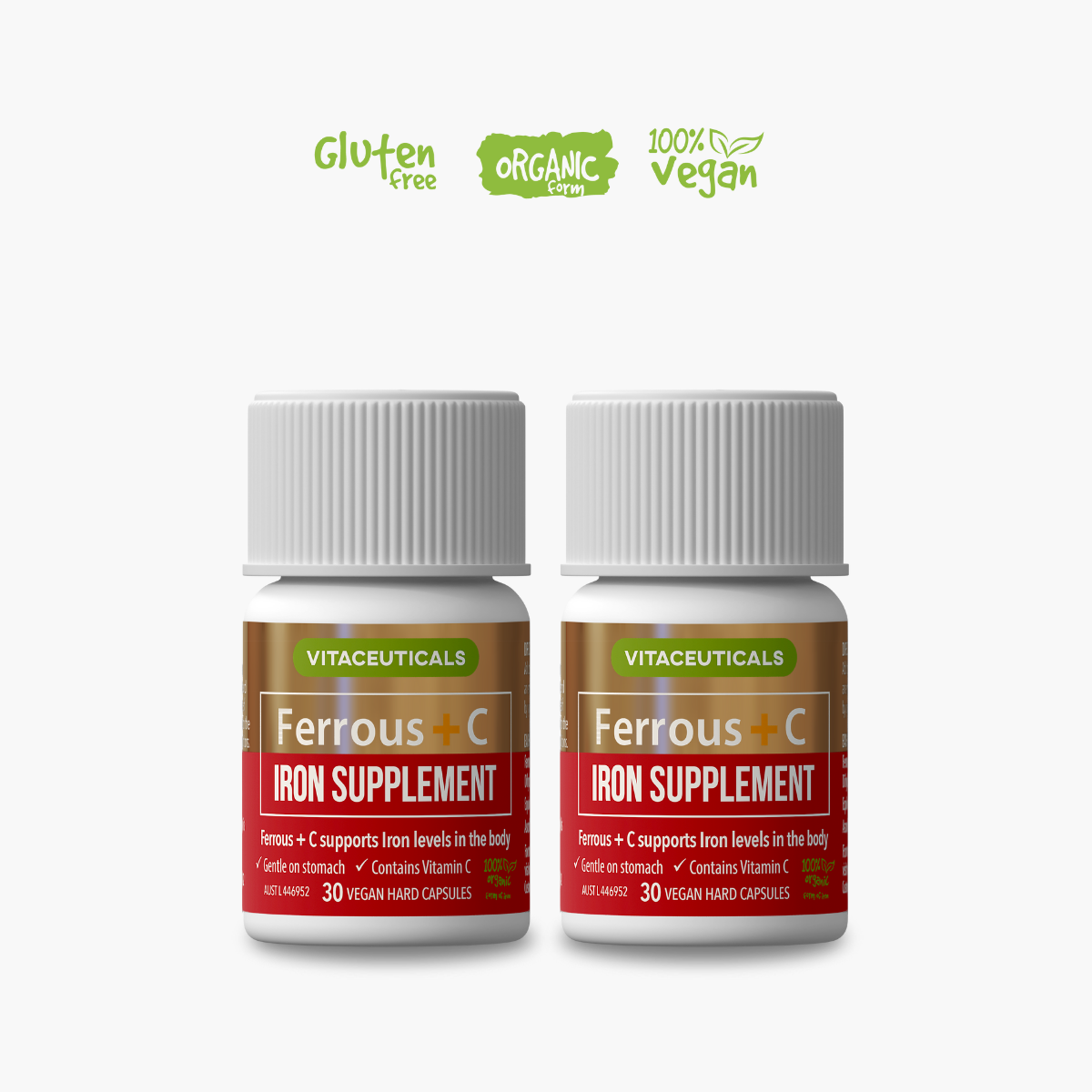 Two bottles of Vitaceuticals Ferrous + C Iron Supplement with labels indicating gluten-free and vegan.