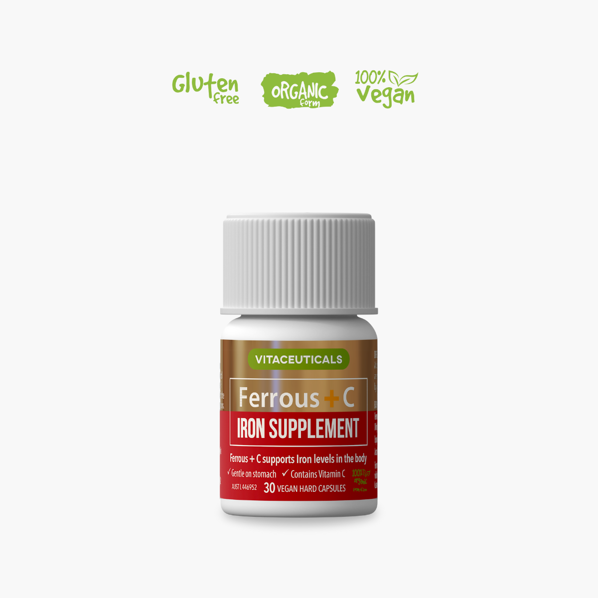 A bottle of Vitaceuticals Ferrous + C Iron Supplement, with gluten-free and vegan labels.