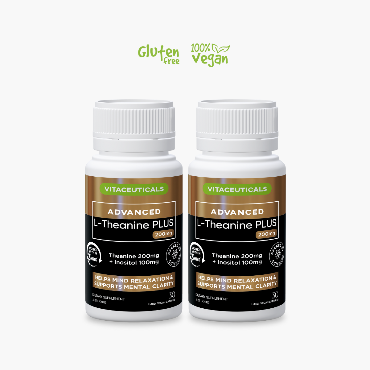 Two bottles of Vitaceuticals Advanced L-Theanine PLUS, one with a label indicating gluten-free and vegan, the other without labels.