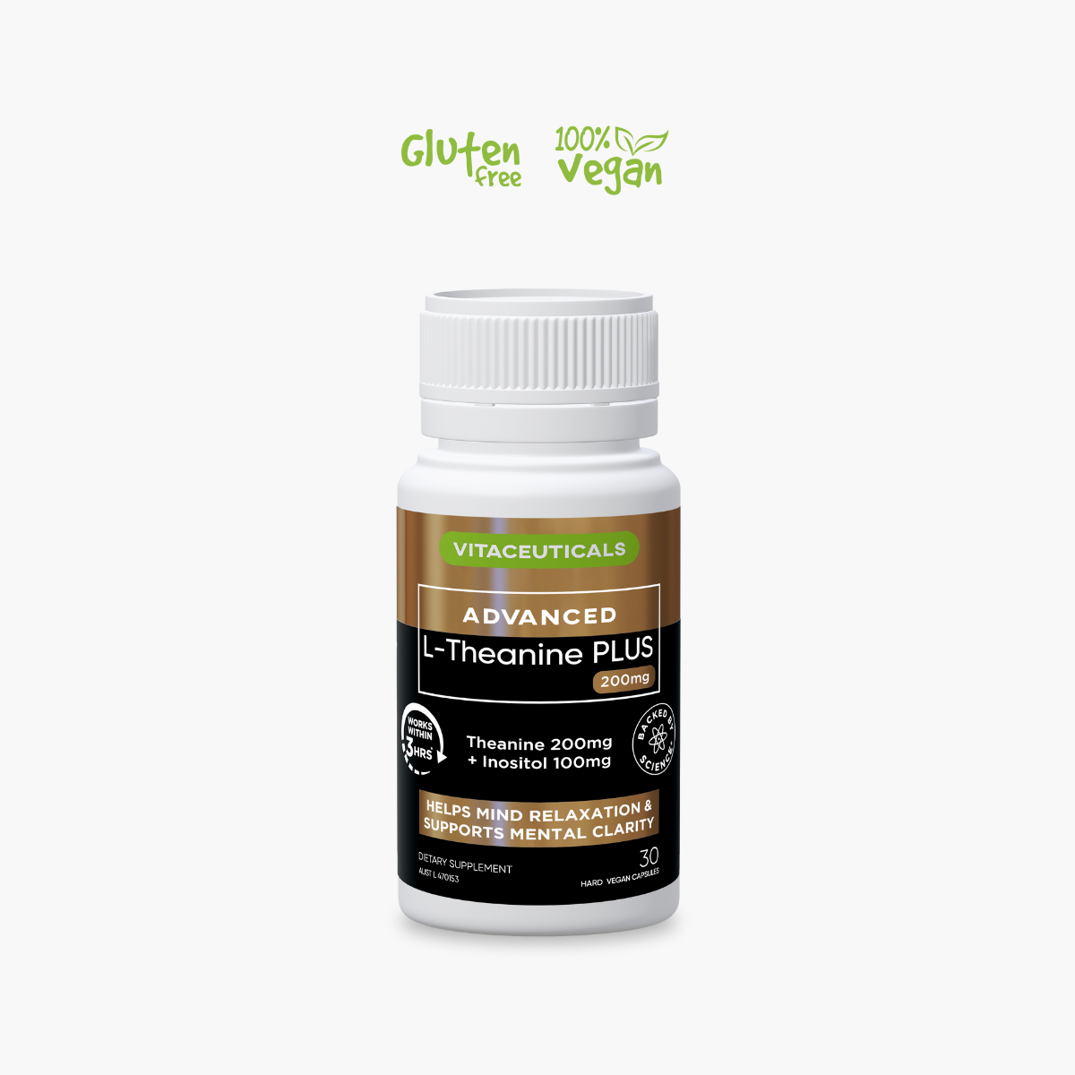 A bottle of Vitaceuticals Advanced L-Theanine Plus with a label indicating it is gluten-free and vegan.