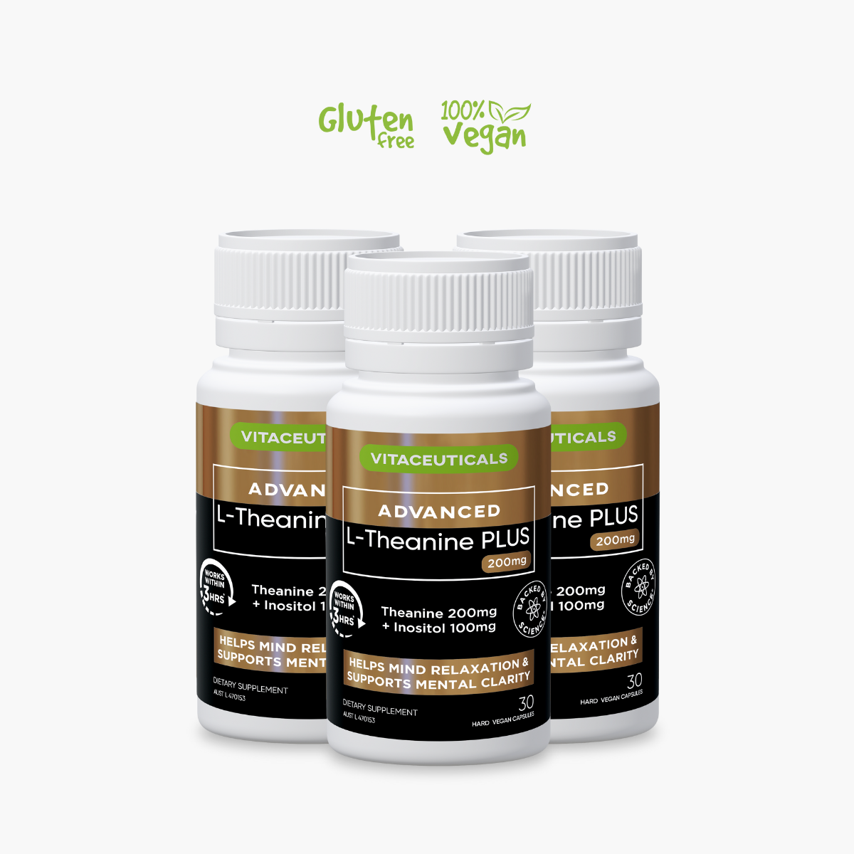 Three bottles of Vitaceuticals Advanced L-Theanine Plus, with labels indicating the product is gluten-free and vegan.