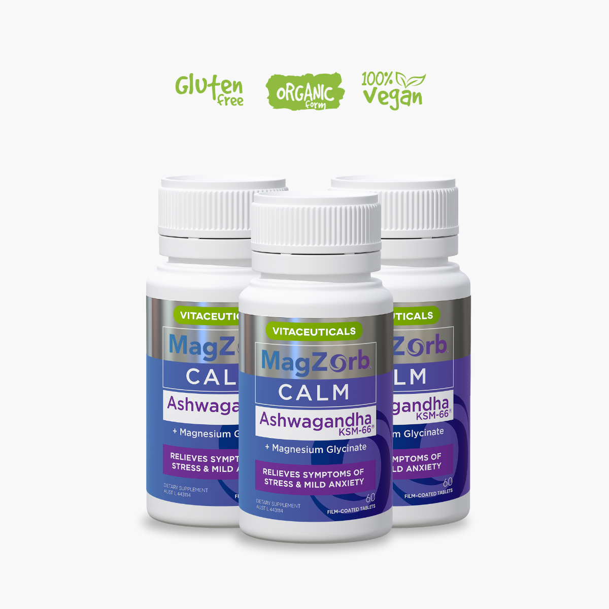 Three bottles of Vitaceuticals MagZorb Calm, with labels indicating they are gluten-free and vegan.