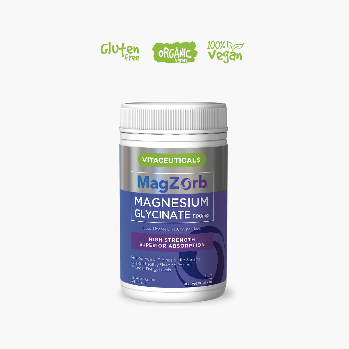 A container of Vitaceuticals MagZorb Magnesium Glycinate, with labels indicating it is gluten-free and vegan.