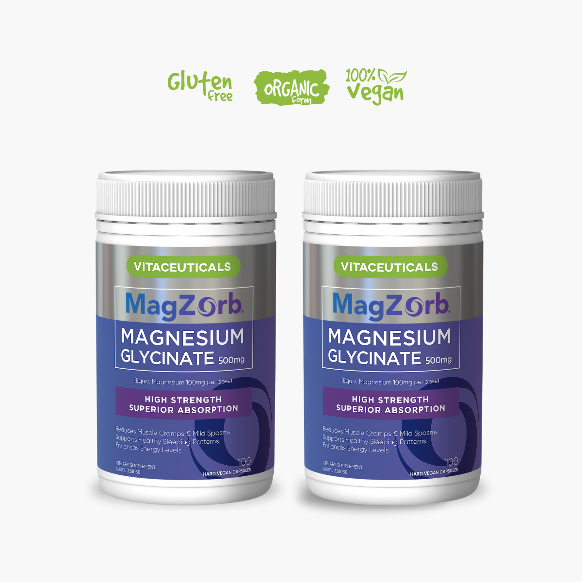 Two bottles of Vitaceuticals MagZorb Magnesium Glycinate, both indicating gluten-free and vegan properties.