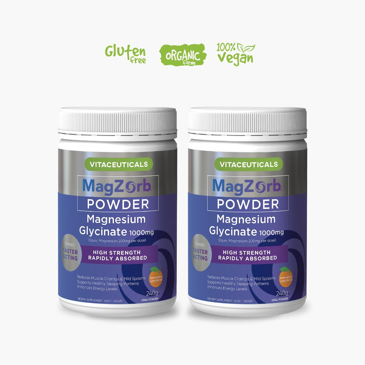 Two containers of Vitaceuticals MagZorb Magnesium Glycinate Powder, with labels indicating they are both gluten-free and vegan.
