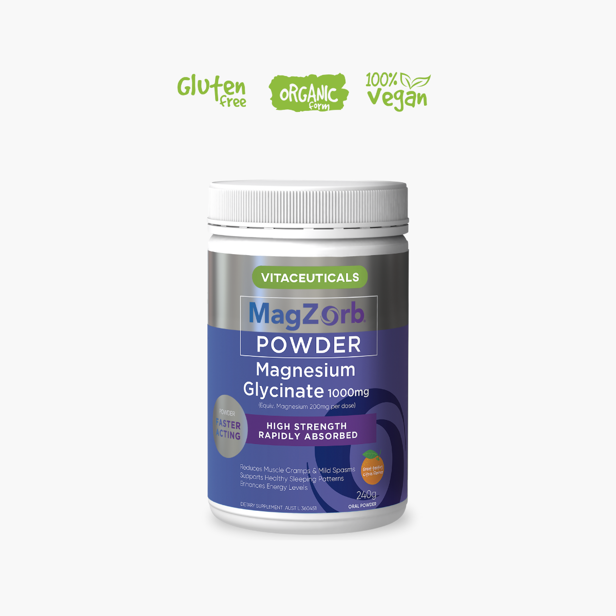 A container of Vitaceuticals MagZorb Magnesium Glycinate Powder, labeled as gluten-free and vegan.