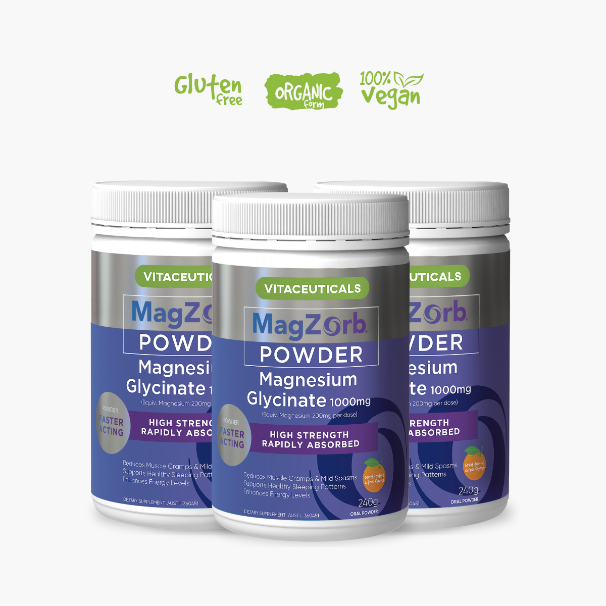 Three containers of Vitaceuticals MagZorb Magnesium Glycinate Powder, with labels indicating the product is gluten-free and vegan.