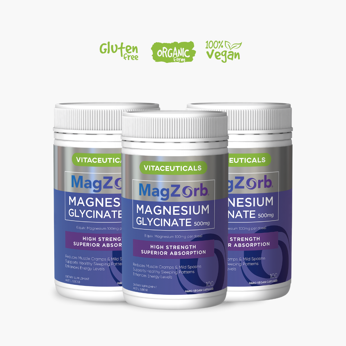 Three bottles of Vitaceuticals MagZorb Magnesium Glycinate, with labels indicating the product is gluten-free and vegan.