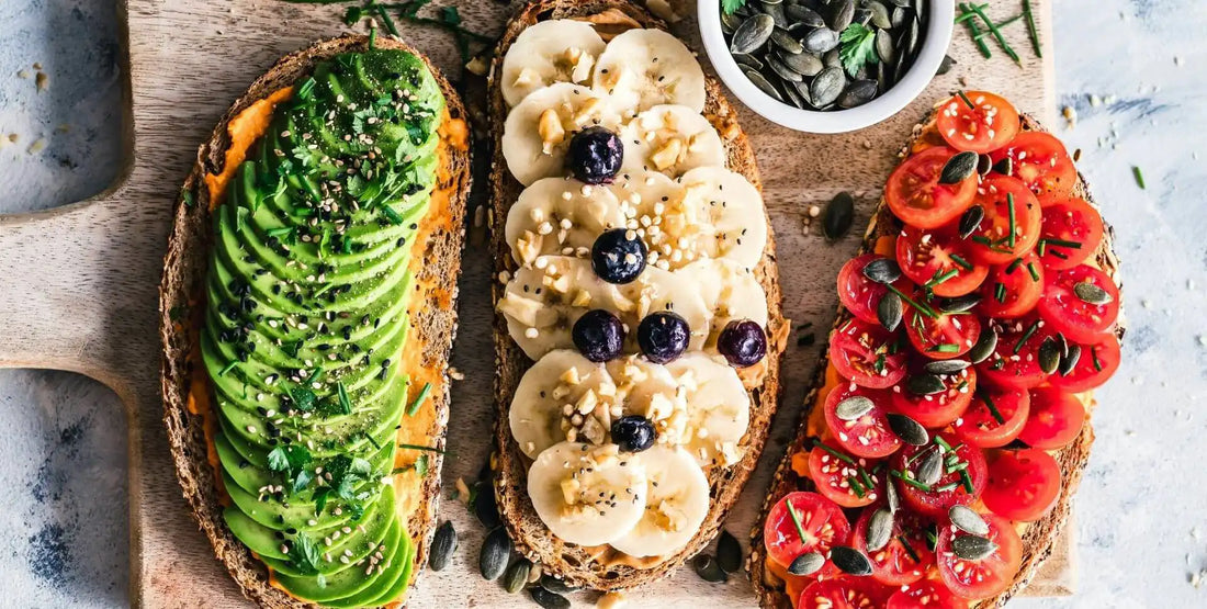 Plant-based foods on wholegrain toast, representing vegan lifestyle and the importance of B12 supplementation.