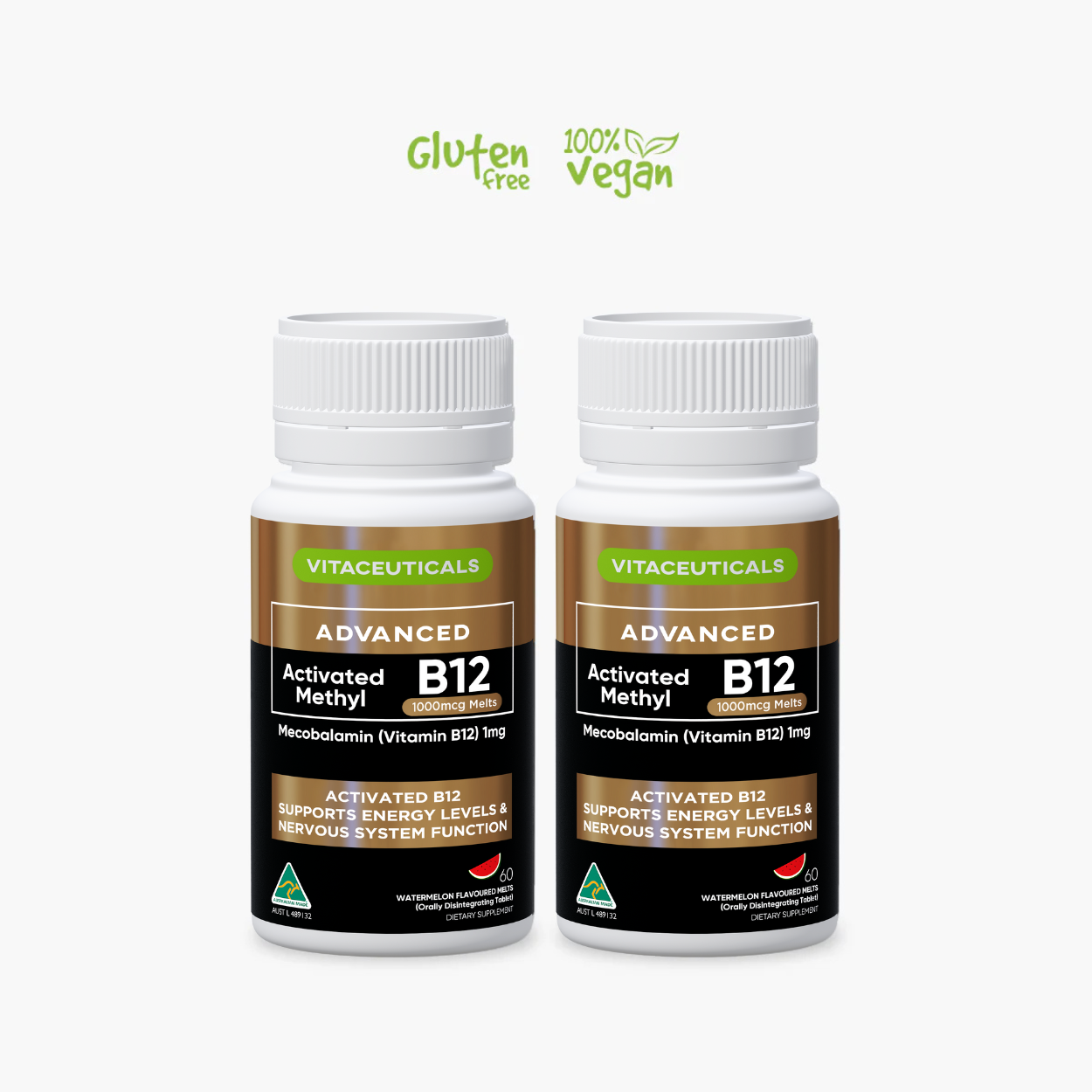 Two bottles of Vitaceuticals Advanced Activated Methyl B12 on a white background
