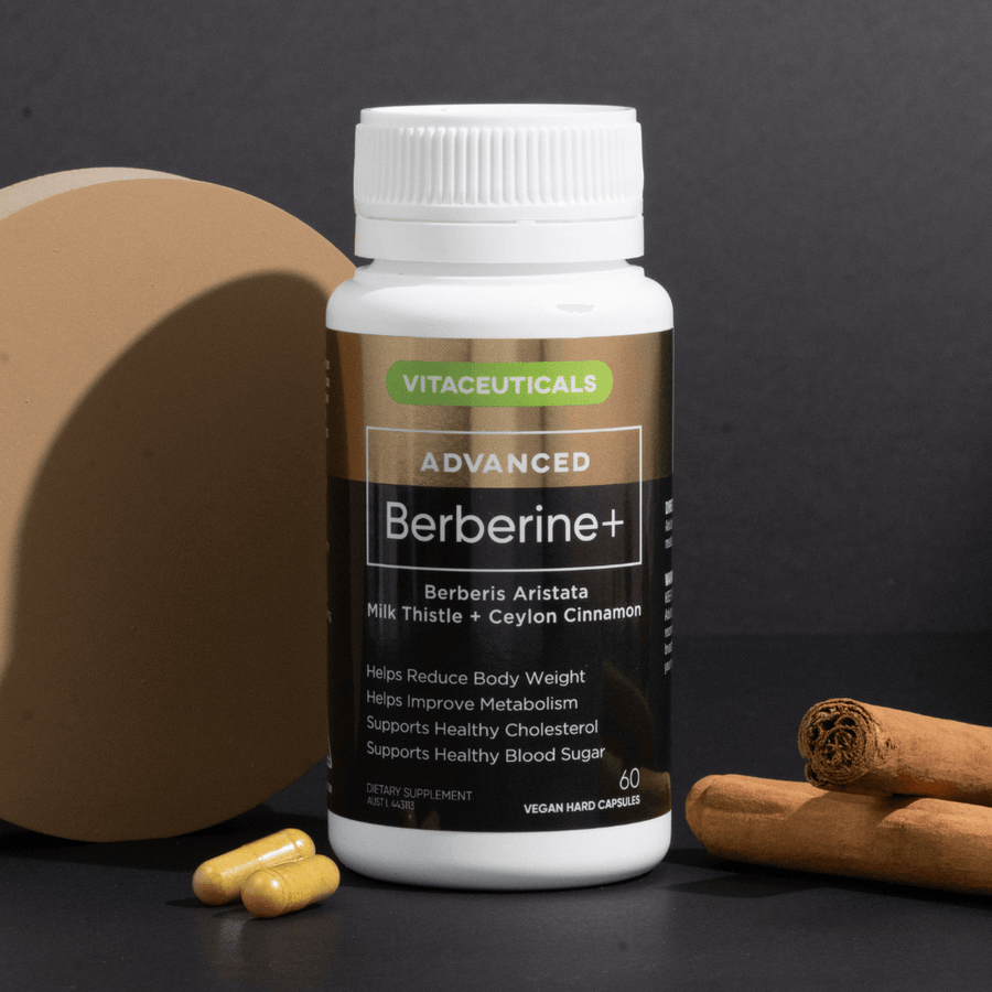 Vitaceuticals Berberine+ supplement bottle with cinnamon sticks and capsules on a dark background