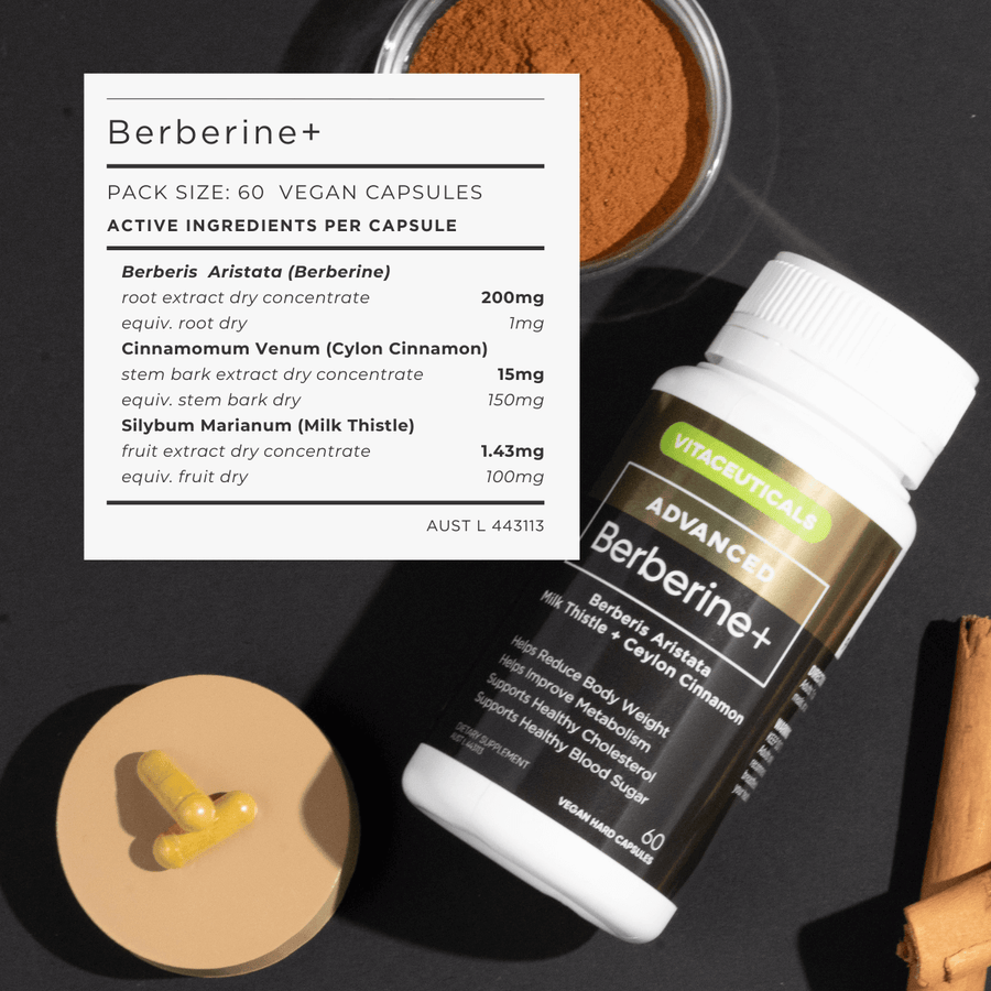Berberine+ supplement bottle with packaging details on a dark background