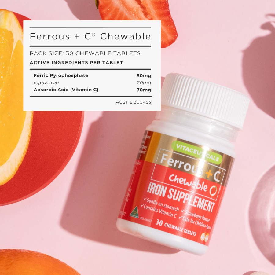 Iron supplement bottle with nutritional information on a pink background with fruits.