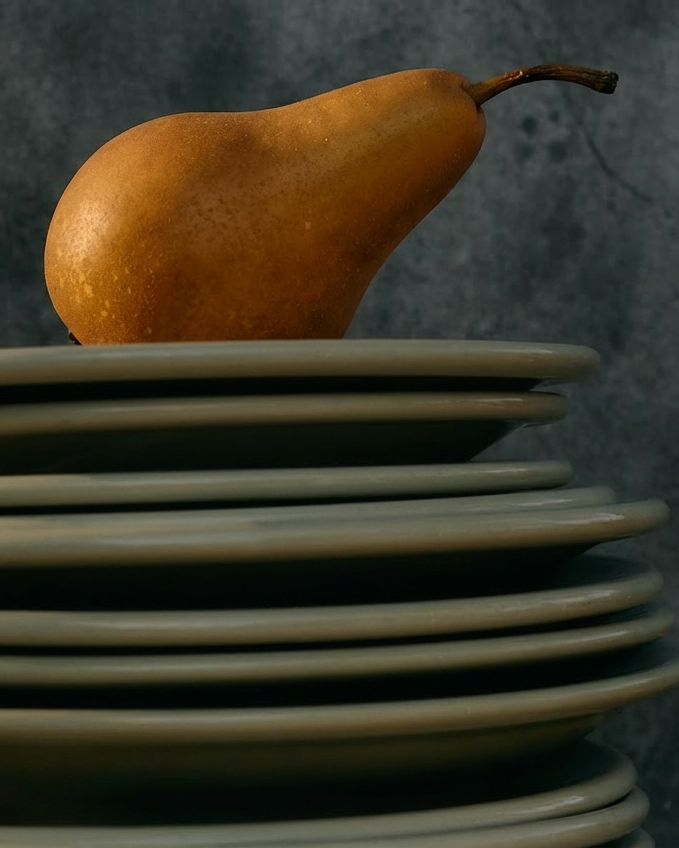 A golden pear balanced on a stack of ceramic plates against a dark textured background, representing mindful eating and metabolic health support with Advanced Berberine+
