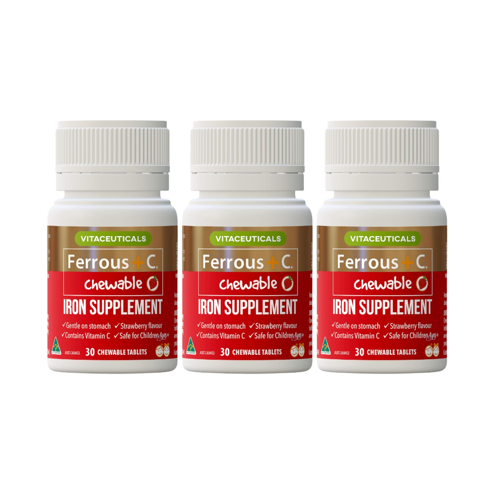 Ferrous + C Chewable Supplement – 3-pack bundle – front view | Vitaceuticals