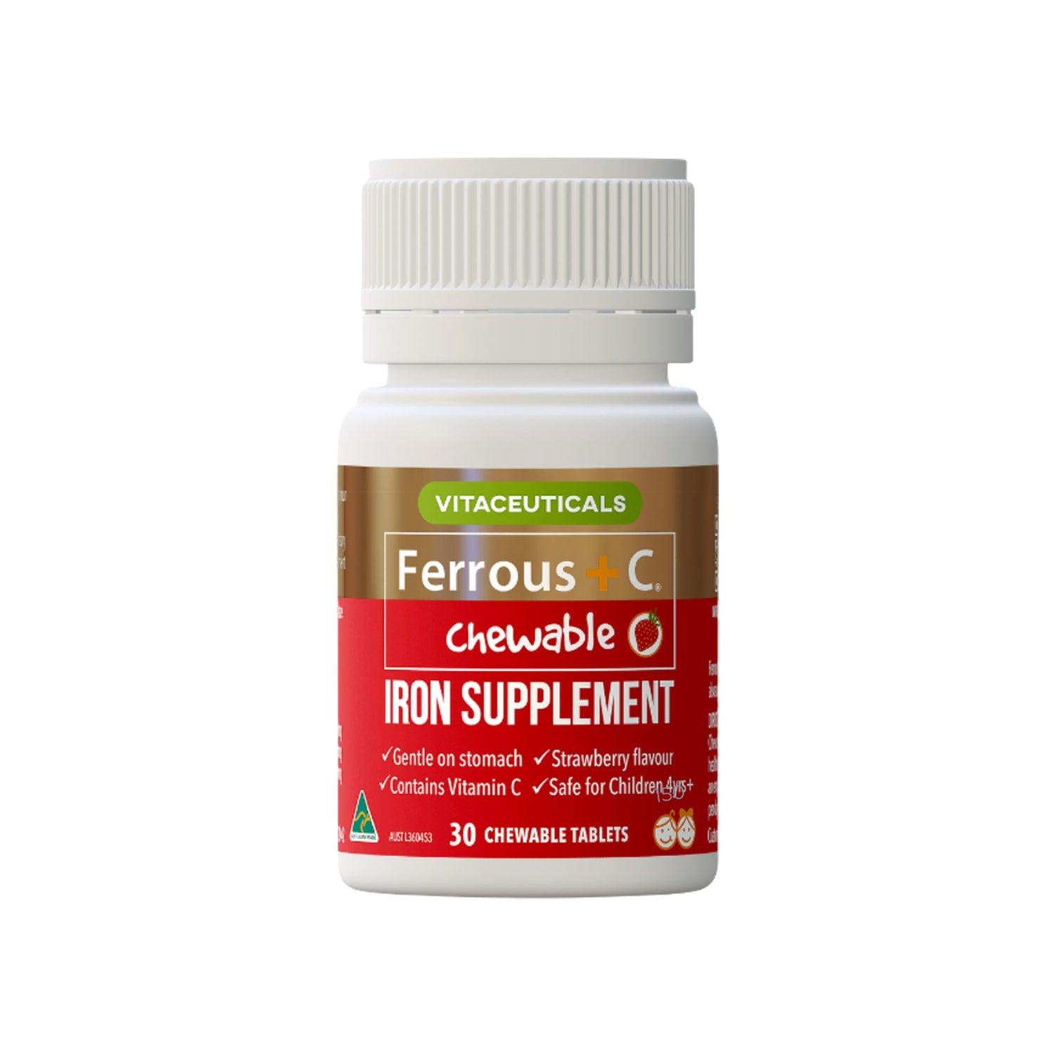 Ferrous + C Chewable Supplement – supplement bottle – front view | Vitaceuticals